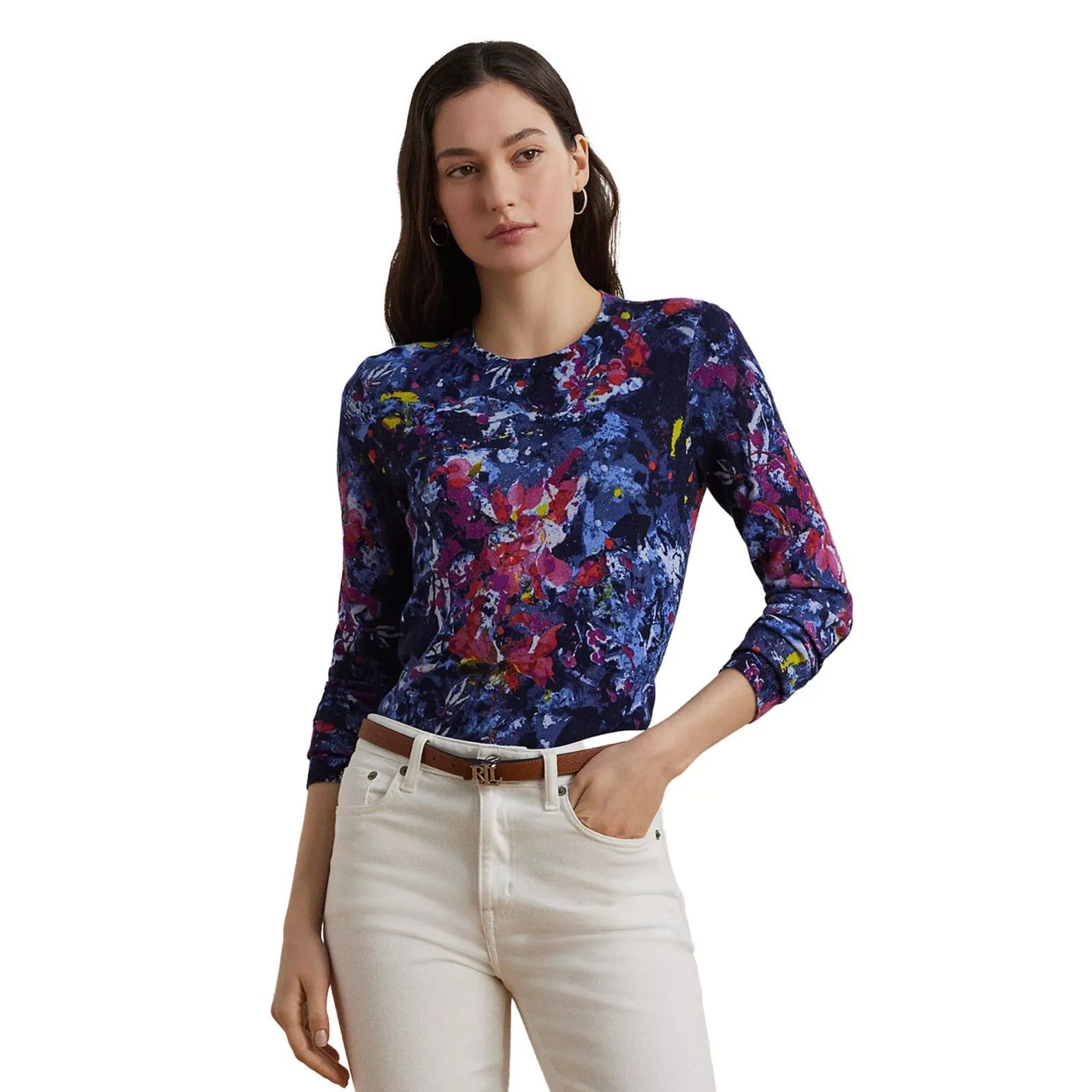Lauren Ralph Lauren Women's Print Cotton Blend Sweater Dark Blue Multi M